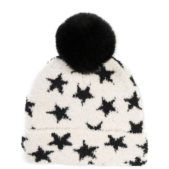 JENNI Fuzzy Jacquard Pom Pom Beanie - Star Pattern - NWT Black White - Picture 2 of 2
